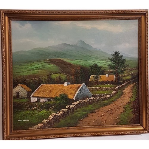 354 - Signed OOC - 'Mountains and Thatched Cottages Scene' by Noel Hanlou - Overall c. 27 x 23.5ins... 