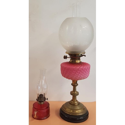 360 - Antique Satin Glass Oil Lamp and Shade and a Ruby Finger Oil Lamp