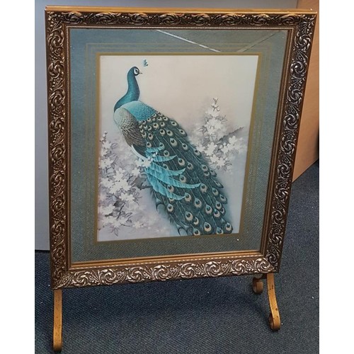 362 - Mirror Backed Fire Screen depicting a Peacock - c. 18.8 x 27ins