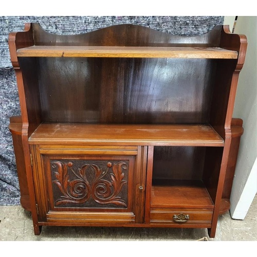 387 - Edwardian Carved Mahogany Wall Cabinet with a cupboard and open shelves - c. 31.5 x 26ins