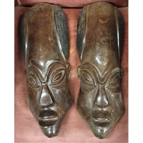 447 - Substantial Pair of Carved African Hardwood Masks/Wall Carvings - 23ins long