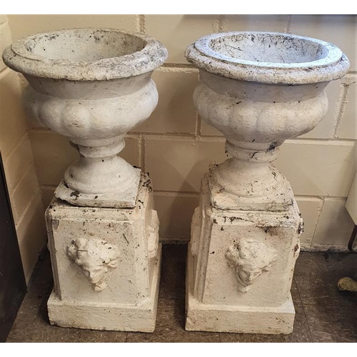 451 - Pair of Heavy Reconstituted Stone Garden Urns on Plinths, c.34in tall