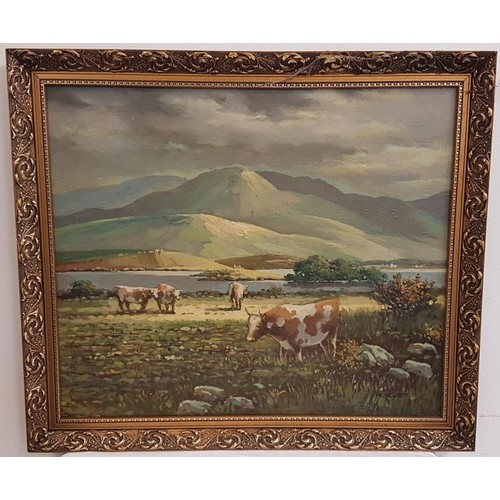 453 - Signed OOC - 'Cattle Grazing' by H. Scott - Overall c. 27 x 23.5ins