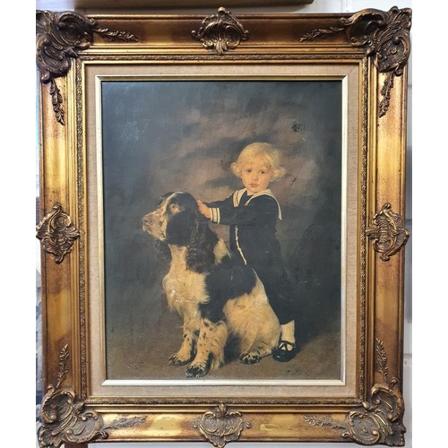 455 - Decorative Gilt Frame Picture of a young boy with a dog - Overall c. 23.5 x 27.5ins