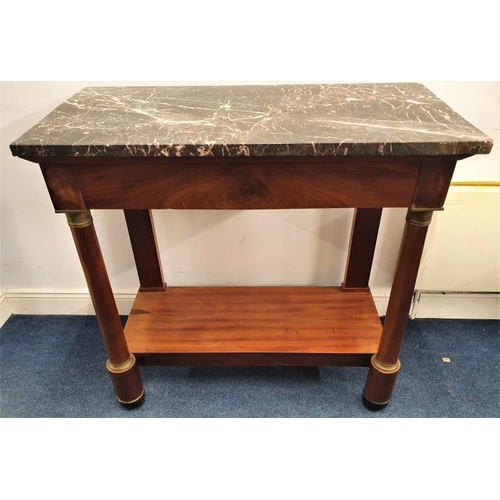 458 - French Empire Period Mahogany and Marble Top Consol Table, the marble top with pink veins on a mahog... 