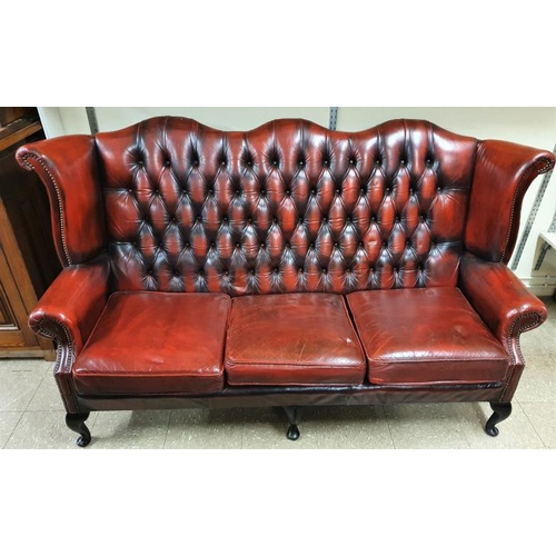 494 - Oxblood Leather Three Seat Chesterfield Settee - 75ins long