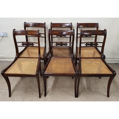 517 - Set of Six Regency Style Mahogany Dining Chairs with caned seats and sabre legs (one seat A/F)