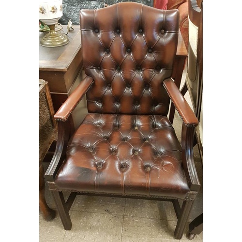 528 - Brown Leather Elbow Chair on square legs