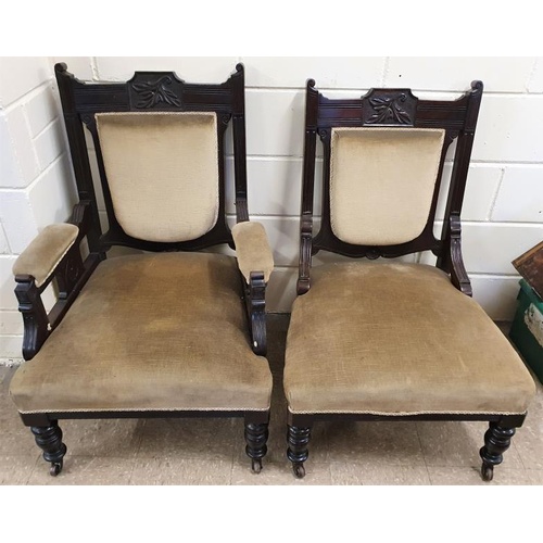 529 - Pair of Edwardian Carved Mahogany Frame Lady's and Gent's Armchairs