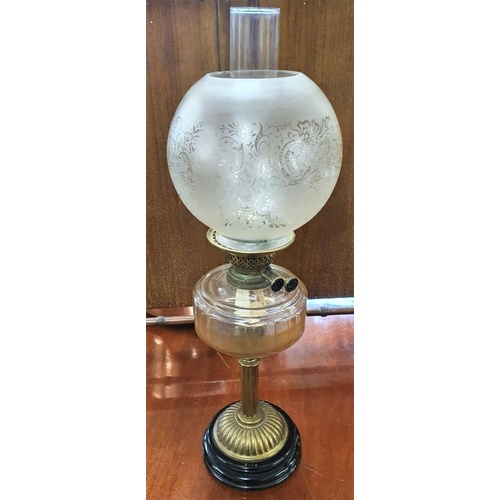 535 - Late Victorian Brass Column Oil Lamp with an etched glass shade