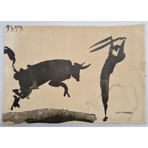 542 - Louis le Brocquy. Black and white drawing. Dated 3. 4. 59 and signed ‘Le Brocquy’ of bull charging a... 