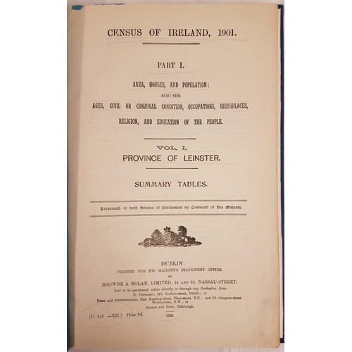 75 - Census of Ireland 1901. Provinces of Leinster, Munster, Ulster & Connacht. All bound in one volu... 