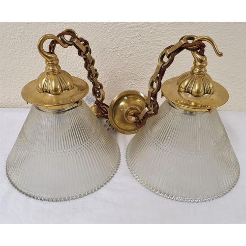 54 - Matching pair of original early 20th Century hanging lights with unmarked Holophane style glass shad... 