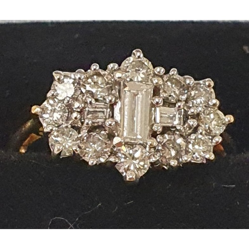 73 - 18ct Gold Diamond Cluster ring with Three Central Baguette Diamonds, c. size K1/2