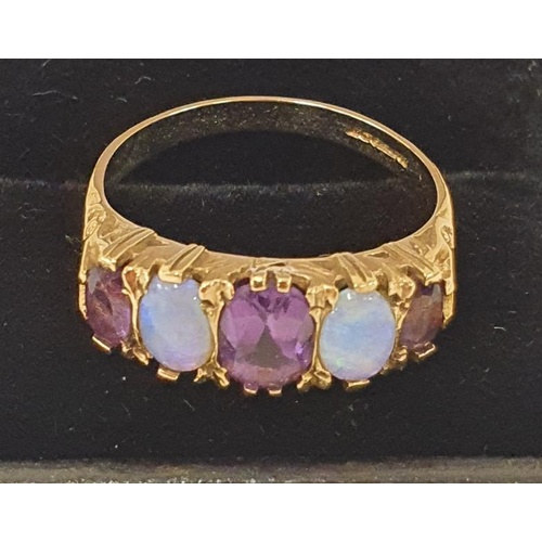 76 - 9ct Gold Opal and Amethyst 5-stone Ring, c. size Q1/2