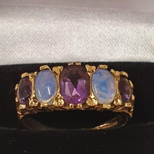 76 - 9ct Gold Opal and Amethyst 5-stone Ring, c. size Q1/2