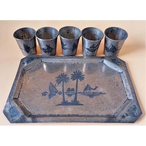 129 - Silver Tea or Shot Tray with Five Beakers - Egyptian Camel Scenes (235grms Silver)