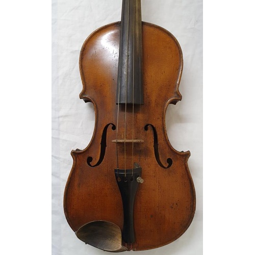 176 - 19th Century Full Size one piece Back Violin with carved lion head. Two bows and assorted extras and... 