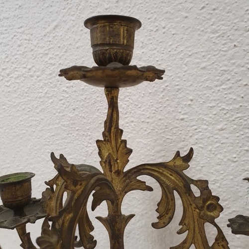 201 - Pair of Late 19th Century Gilt Metal Three Branch Candelabra - 14ins high