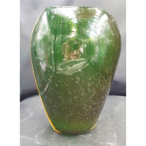 217 - Superb 20th Century Emerald Green Vase with overlaid Fawn Coloured Stringing - ground down pontil ma... 