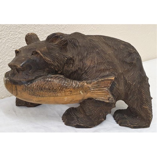 242 - Vintage Japanese Carved Wooden Bear and Salmon, c.10.5 x 6in