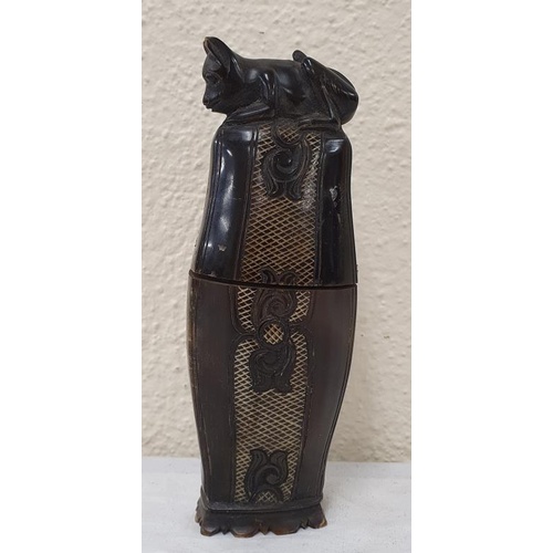 252 - Chinese Two Part Case/Vase with Carved Animal Finial (possibly yak horn)