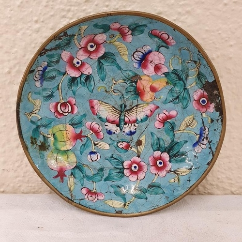 255 - 19th Century Enamel Dish - floral, handpainted decoration (possibly Chinese), c.4.5in diam