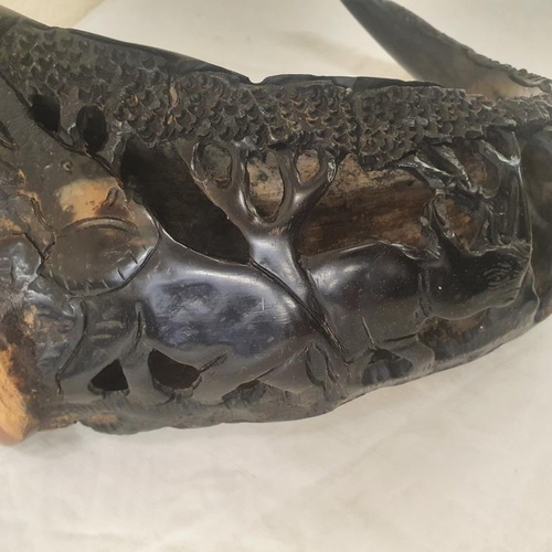 259 - Carved Water Buffalo Horn depicting Elephants, Rhinoceros, Water Buffalo, Lion and Tiger