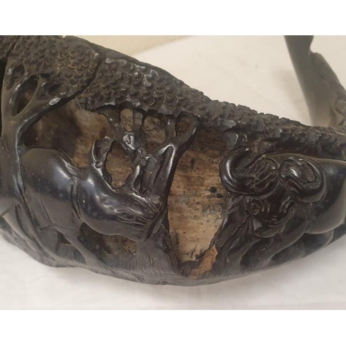 259 - Carved Water Buffalo Horn depicting Elephants, Rhinoceros, Water Buffalo, Lion and Tiger