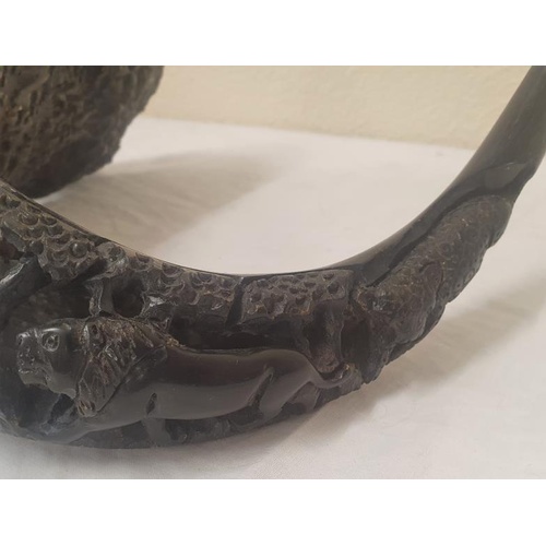 259 - Carved Water Buffalo Horn depicting Elephants, Rhinoceros, Water Buffalo, Lion and Tiger