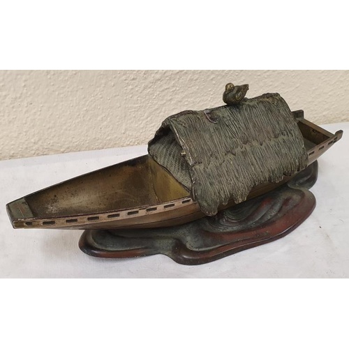 265 - Early 20th Century Bronze Japanese Lake Boat with Perched Bird on Straw Covered Roof, c.10.5in long