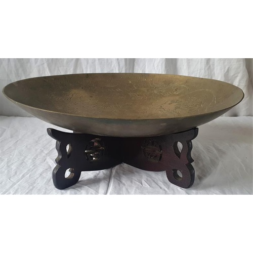 272 - Large Chinese Brass Table Centre Piece on a Carved Hardwood Stand - Early to Mid 20th Century