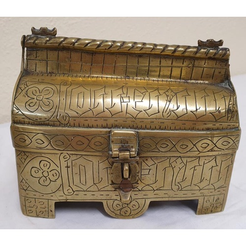 277 - 19th Century Engraved Brass Persian Jewellery Casket with brass hinged top, c.7in wide, 5.5in tall