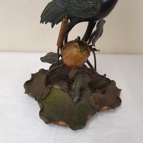 278 - Superb Meiji Period Japanese Cold Painted Bronze Oil Lamp Stand. Standing Crane on a Lilly Pad Base ... 