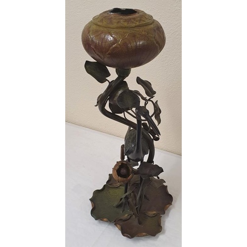 278 - Superb Meiji Period Japanese Cold Painted Bronze Oil Lamp Stand. Standing Crane on a Lilly Pad Base ... 