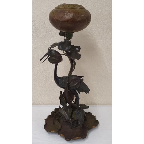 278 - Superb Meiji Period Japanese Cold Painted Bronze Oil Lamp Stand. Standing Crane on a Lilly Pad Base ... 