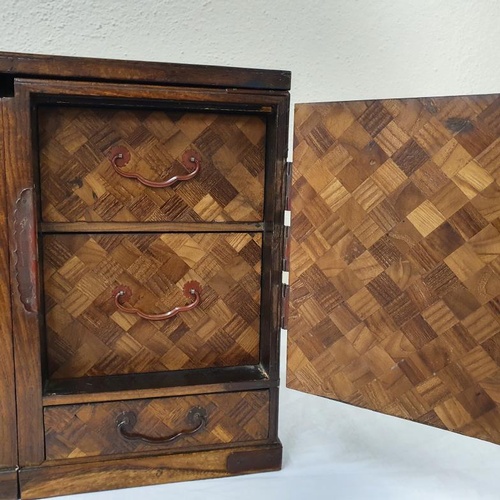 282 - Superb Japanese Meiji Period Marquetry Travelling Chest with inset, fitted drawers, c.14.5 wide, 11.... 