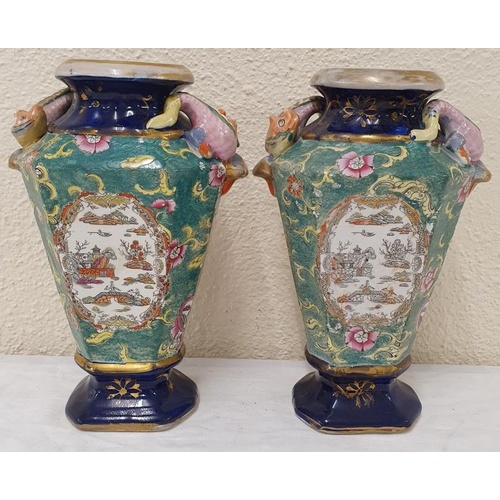 286 - A Pair of 19th Century Chinese Style Vases with Serpents, lacking lids. Hand Decorated, c.8.5in tall