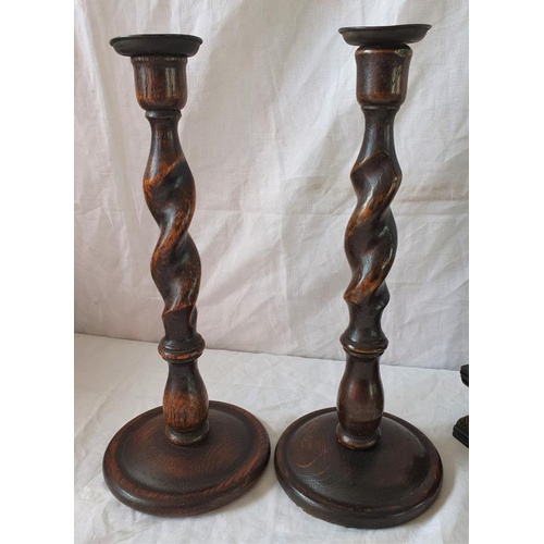 296 - Good Pair of Early 20th Century Oak Barley Twist Candlesticks with Metal Sconces - 12.5ins tall