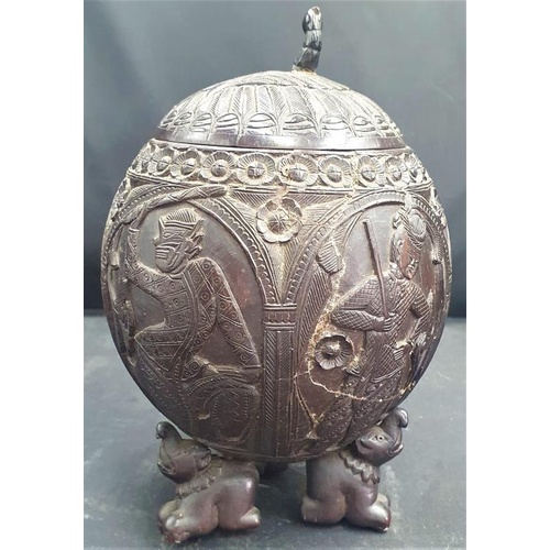 302 - Victorian Carved Coconut depicting five well carved cameos, the lid with bird head finial, the entir... 