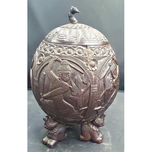 302 - Victorian Carved Coconut depicting five well carved cameos, the lid with bird head finial, the entir... 