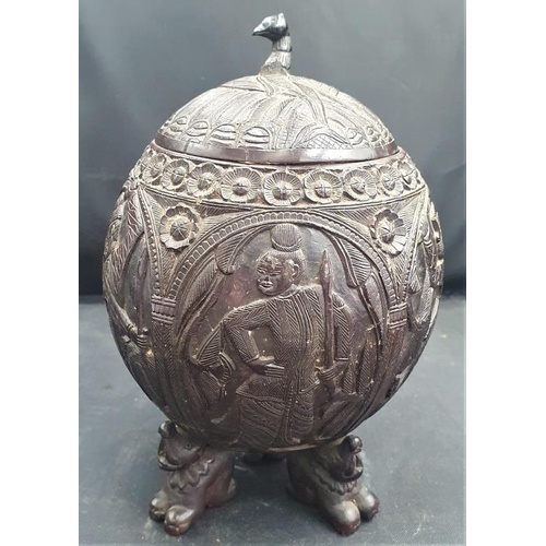 302 - Victorian Carved Coconut depicting five well carved cameos, the lid with bird head finial, the entir... 