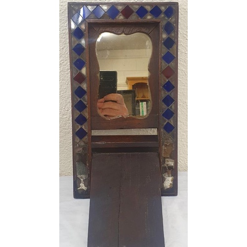 315 - Unusual Arts and Crafts Wall Mirror with Carved Bird Panel and inset Blue Glass Studding within a Mi... 