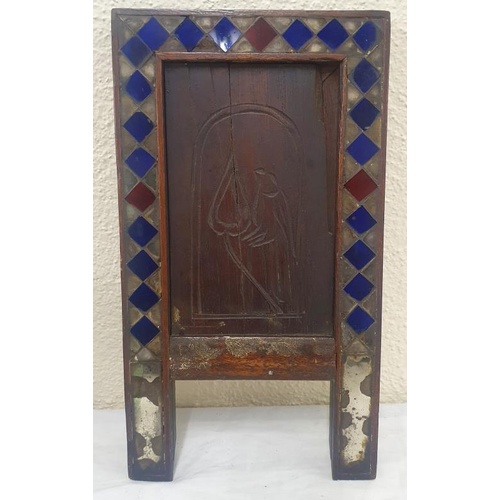 315 - Unusual Arts and Crafts Wall Mirror with Carved Bird Panel and inset Blue Glass Studding within a Mi... 