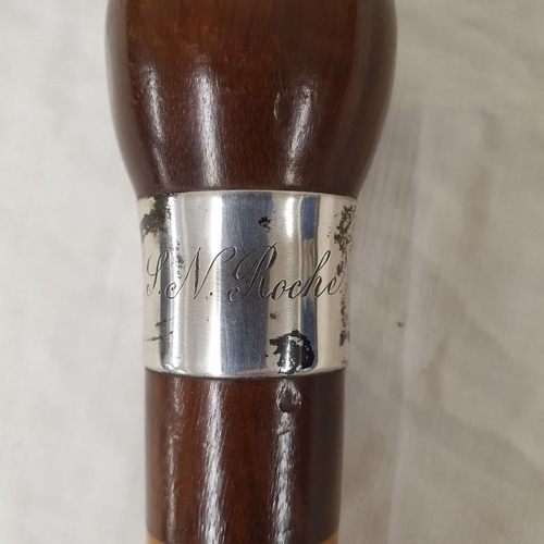 327 - Specimen Hardwood Walking Cane with Silvered Collar. Inscribed: L.N. Roche