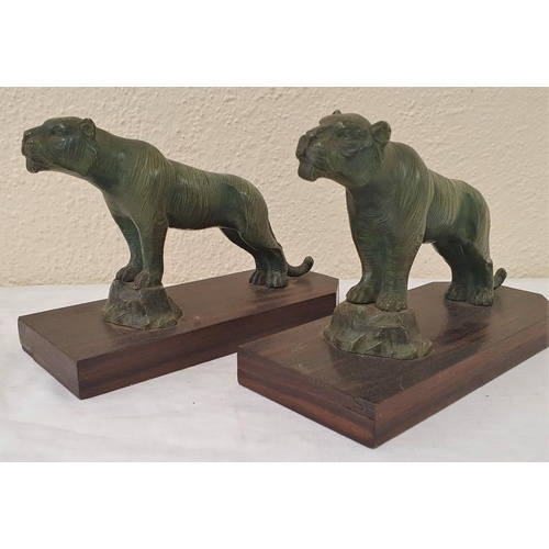 340 - Pair of Art Deco Bronzed Lion Bookends on Zebra Wood Veneer Bases