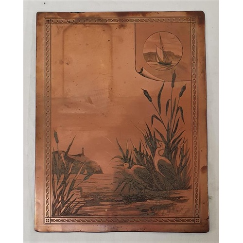 347 - Late 19th/early 20th Century very fine engraved Copper Panel. Storks among bull rushes - 9.5 x 7.5in... 