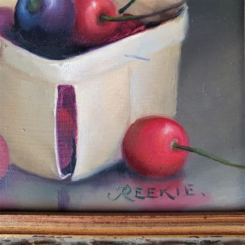 349 - Reekie, Acrylic on Board - 'Still Life: Cherries in a Basket' - within a gilt Frame