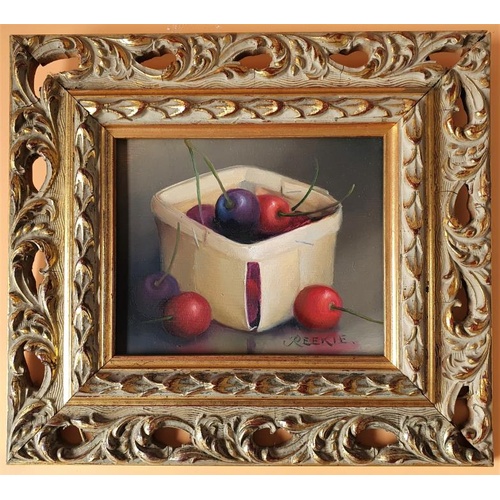 349 - Reekie, Acrylic on Board - 'Still Life: Cherries in a Basket' - within a gilt Frame