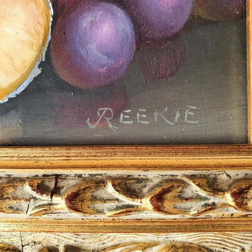 350 - Reekie; Acrylic on Board - 'Still Life - Oranges and Grapes' within a Gilt Frame